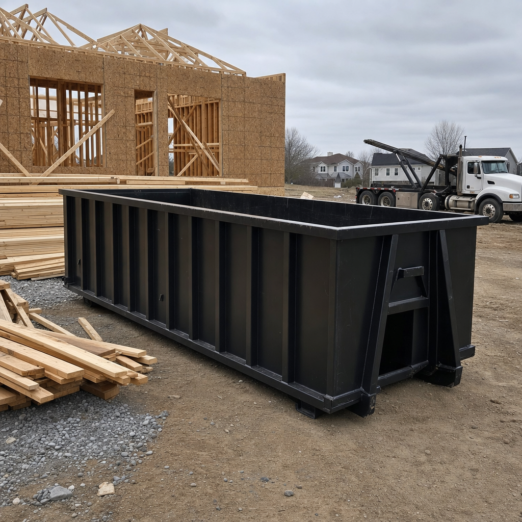 Matte-black 40-yard roll-off dumpster staged on a framed-out residential construction site in Magnolia, framing lumber stacked nearby, hooklift delivery truck visible in the background under bright Colorado daylight