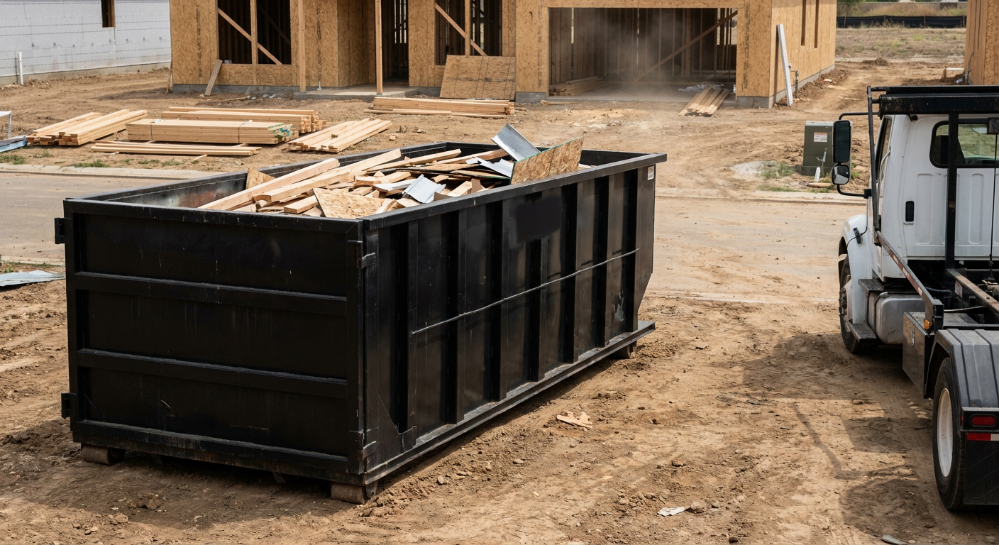 Matte-black 20-yard roll-off construction dumpster with heavy ribbed steel sidewalls and swing rear doors at a working jobsite in Magnolia, sitting directly on compacted dirt with an unmarked white hauler partially visible at the far edge of the frame.