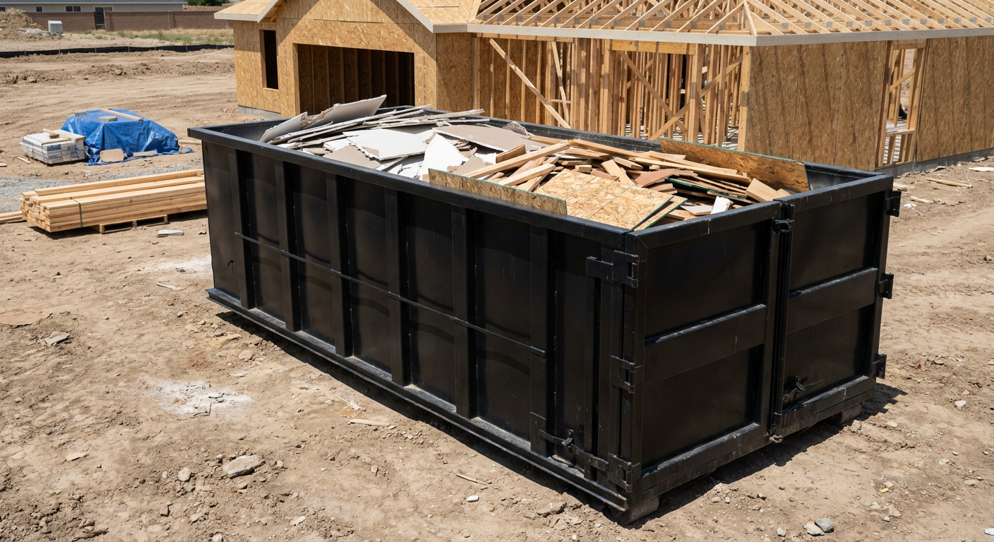 Matte-black 30-yard roll-off construction dumpster sitting directly on the compacted-dirt site of a framed single-family home build in Magnolia, drywall and lumber scrap loaded inside.