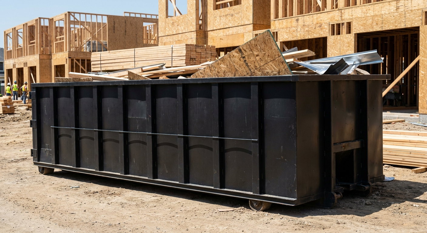 Matte-black 40-yard roll-off construction dumpster being lowered from a white-cab hooklift delivery truck onto the compacted-dirt jobsite at a commercial build site in Magnolia