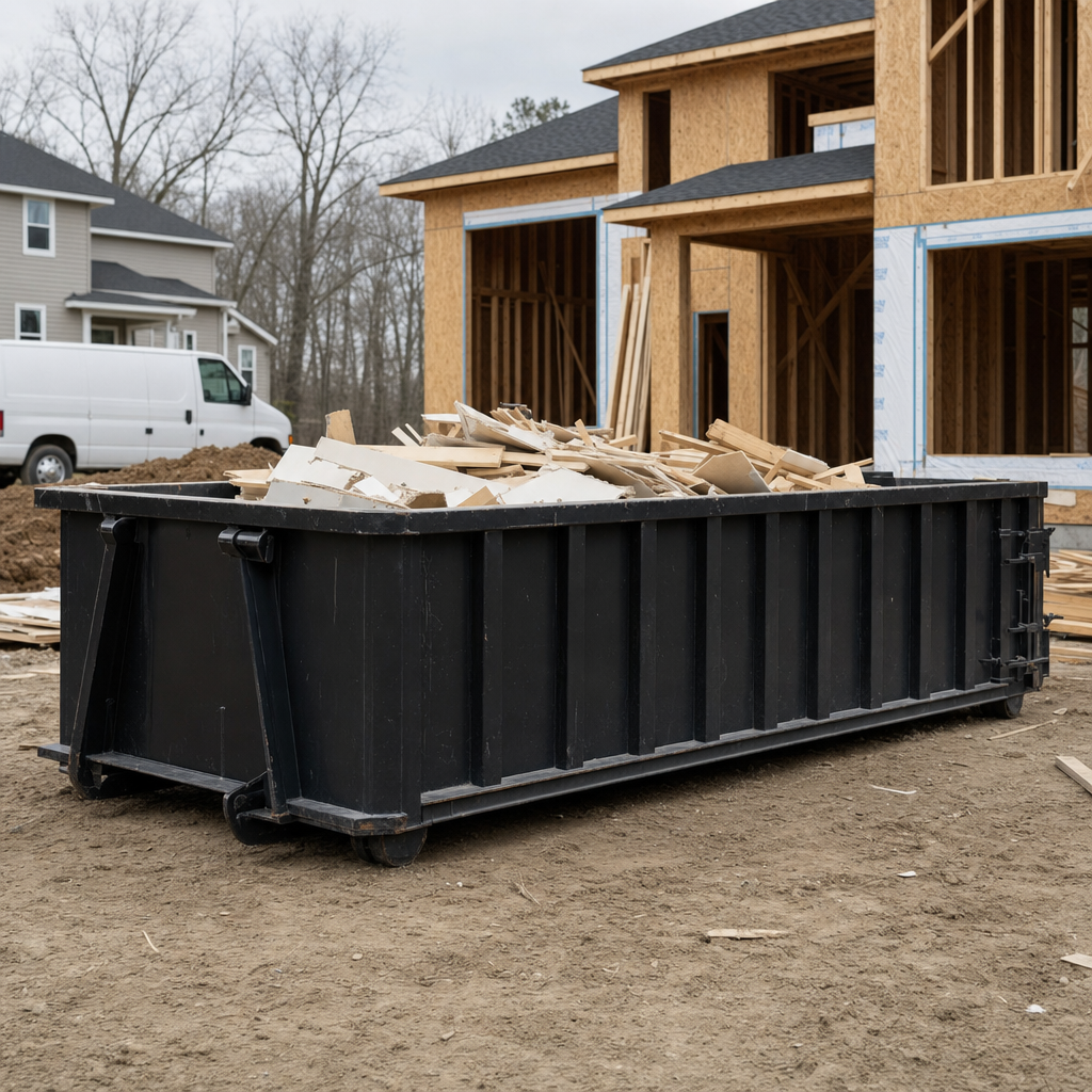 Worker in a yellow high-visibility vest tossing framing lumber and broken drywall into a matte-black 30-yard construction roll-off dumpster on an active build site in Magnolia, bright daylight