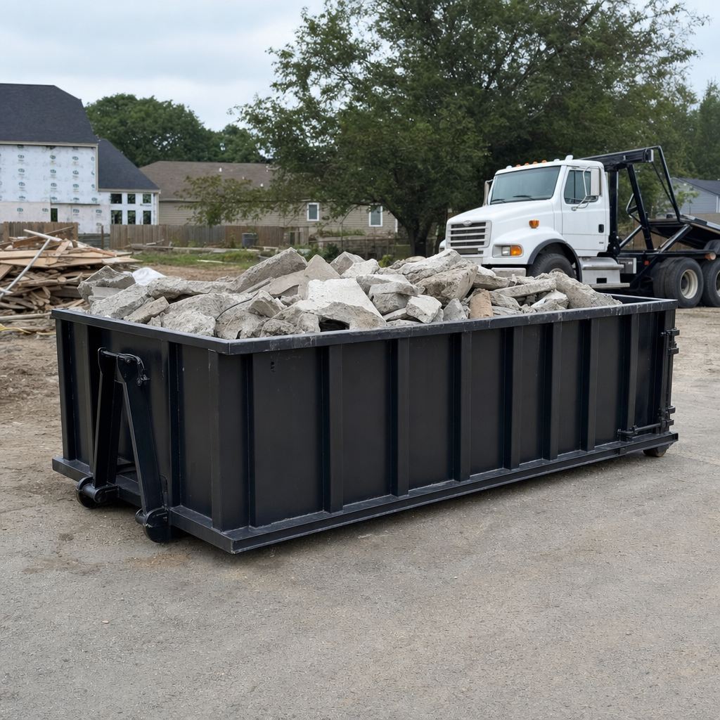Low-profile matte-black lowboy roll-off dumpster loaded with broken concrete slab and rebar at a foundation tear-out in Magnolia, skid steer parked beside it, sunny Colorado morning