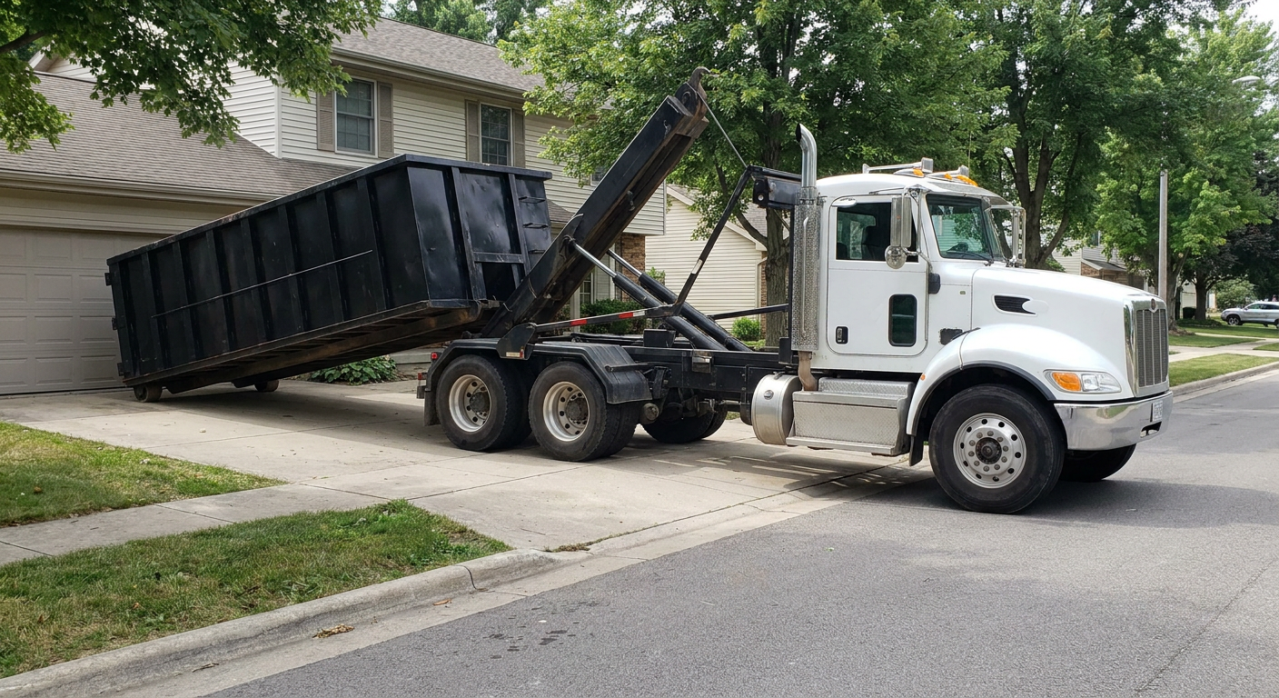 White-cab hooklift roll-off truck actively lowering a matte-black dumpster onto a Magnolia residential concrete driveway, the dumpster's rear wheels touching the driveway as the hoist arm tilts the bed forward, mid-morning daylight.
