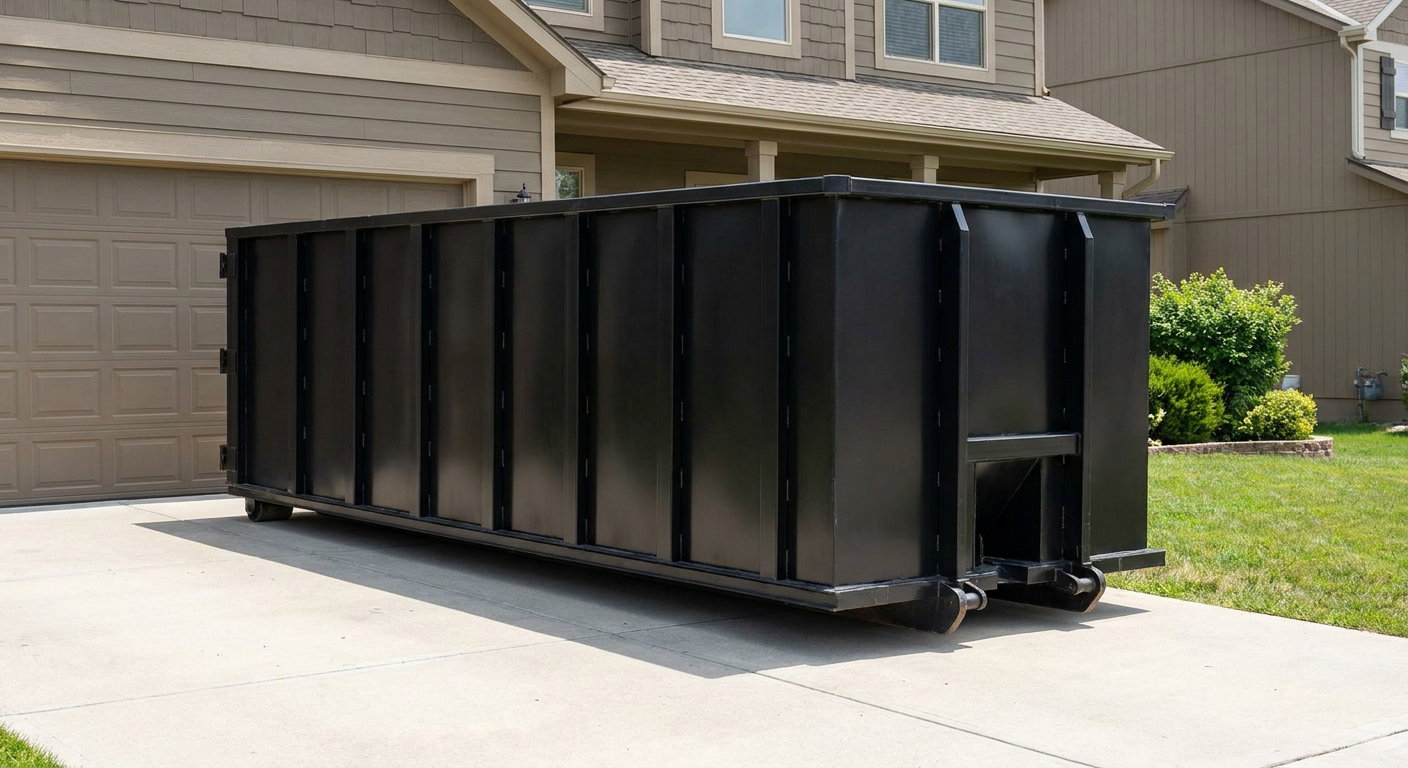 Matte-black residential roll-off dumpster sitting directly on a suburban Magnolia concrete driveway, garage door closed, single-family home in background, bright morning daylight.