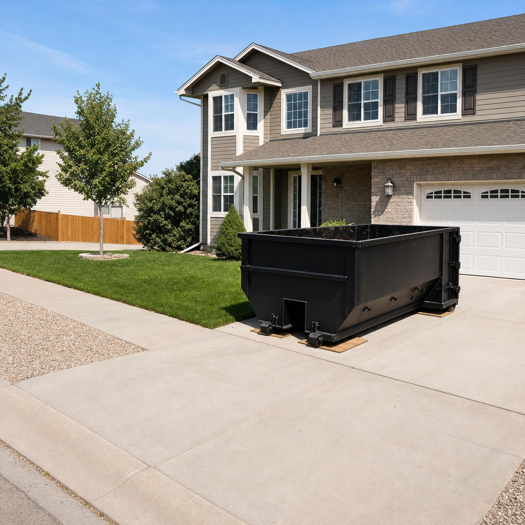 10-yard matte-black residential dumpster placed directly on a narrow Magnolia concrete driveway, room remains for a parked sedan beside it, mid-morning natural light