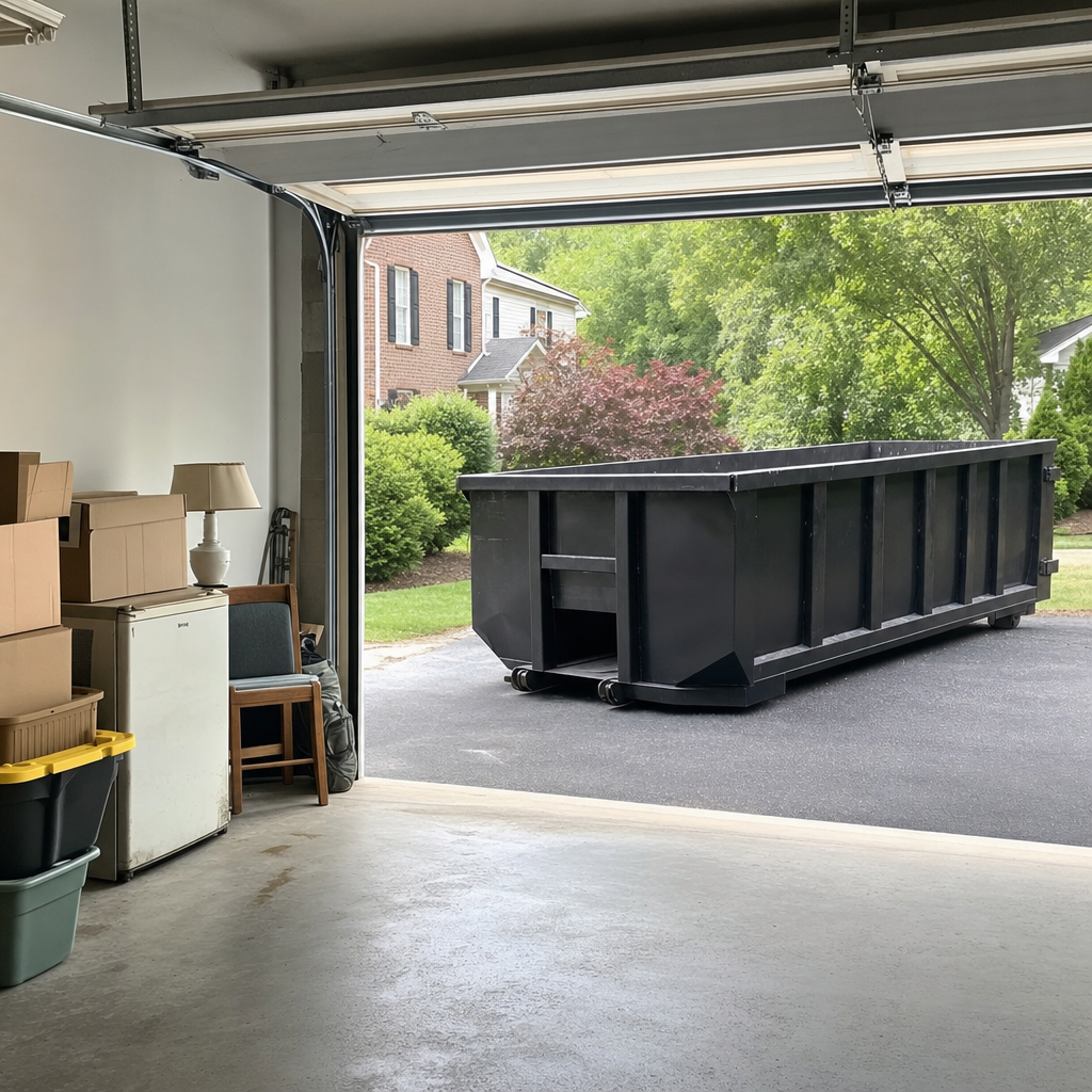 Open garage interior in a Magnolia home mid-cleanout — boxed items, an old appliance, and stacked yard tools queued near the driveway for a matte-black roll-off dumpster, organized and calm