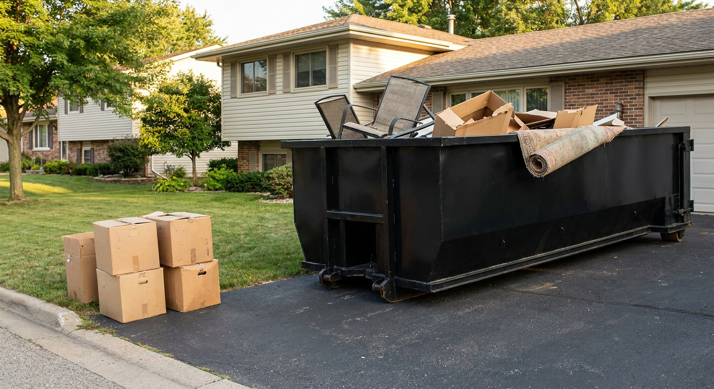 Front-yard view of a Magnolia split-level home with a 20-yard matte-black roll-off dumpster sitting directly on the asphalt driveway, a few clearly labeled donation boxes staged at the curb, calm sunny afternoon.