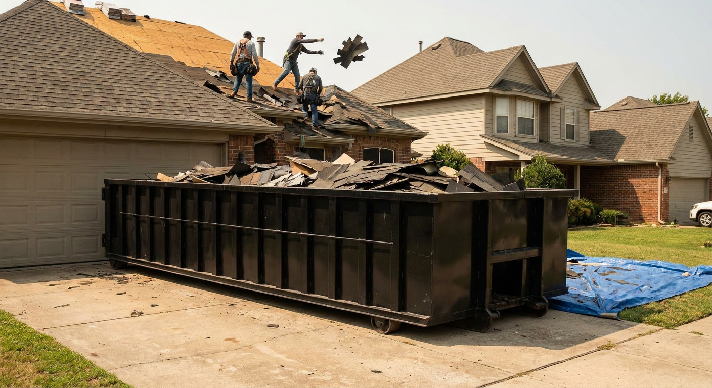 Matte-black roofing roll-off dumpster placed directly on a Magnolia residential concrete driveway, a tear-off crew on a two-story asphalt-shingle roof tossing shingle bundles into the low-walled container, bright daylight, documentary 35mm perspective.