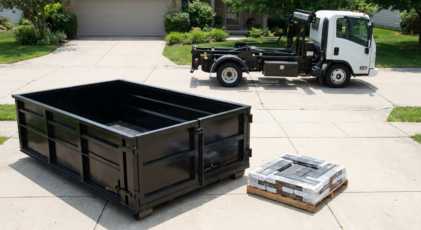 Matte-black 15-yard roofing roll-off dumpster with reinforced low side walls sitting directly on a Magnolia residential concrete driveway, three-tab asphalt shingle bundles stacked nearby, an unmarked white hauler truck partially visible at the edge of the frame.