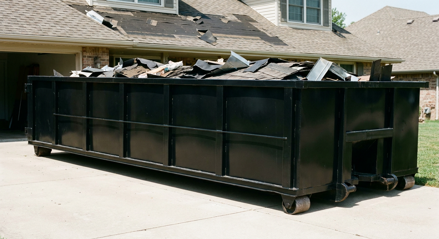 Matte-black 20-yard roofing roll-off dumpster with steel ribbed sides and swinging rear door, sitting directly on the concrete driveway of a two-story Magnolia home, asphalt shingle debris being loaded over the low wall, clean documentary lighting.