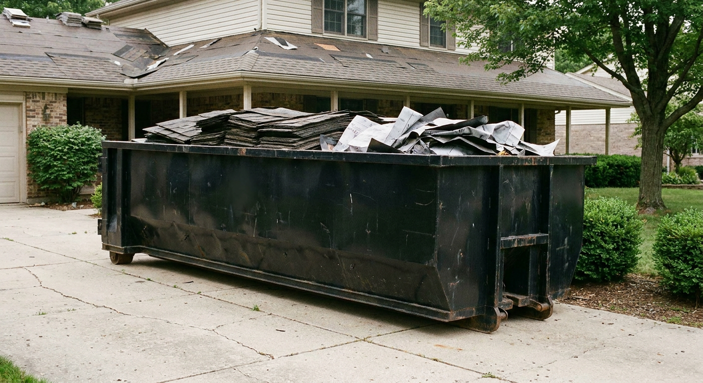 Matte-black 30-yard roofing roll-off dumpster sitting directly on a Magnolia concrete driveway, taller ribbed steel side panels, mixed tear-off debris of asphalt shingles and underlayment inside, professional documentary daylight.
