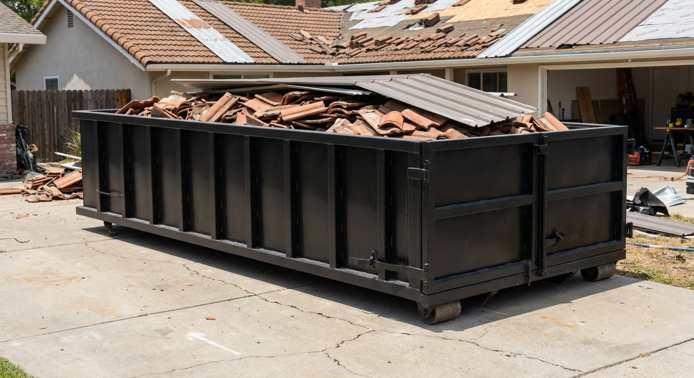 Matte-black low-wall heavy-debris roofing roll-off dumpster sitting directly on a Magnolia concrete driveway, broken concrete clay roof tiles and metal panel sections loaded inside, reinforced ribbed steel side walls visible, bright outdoor daylight.