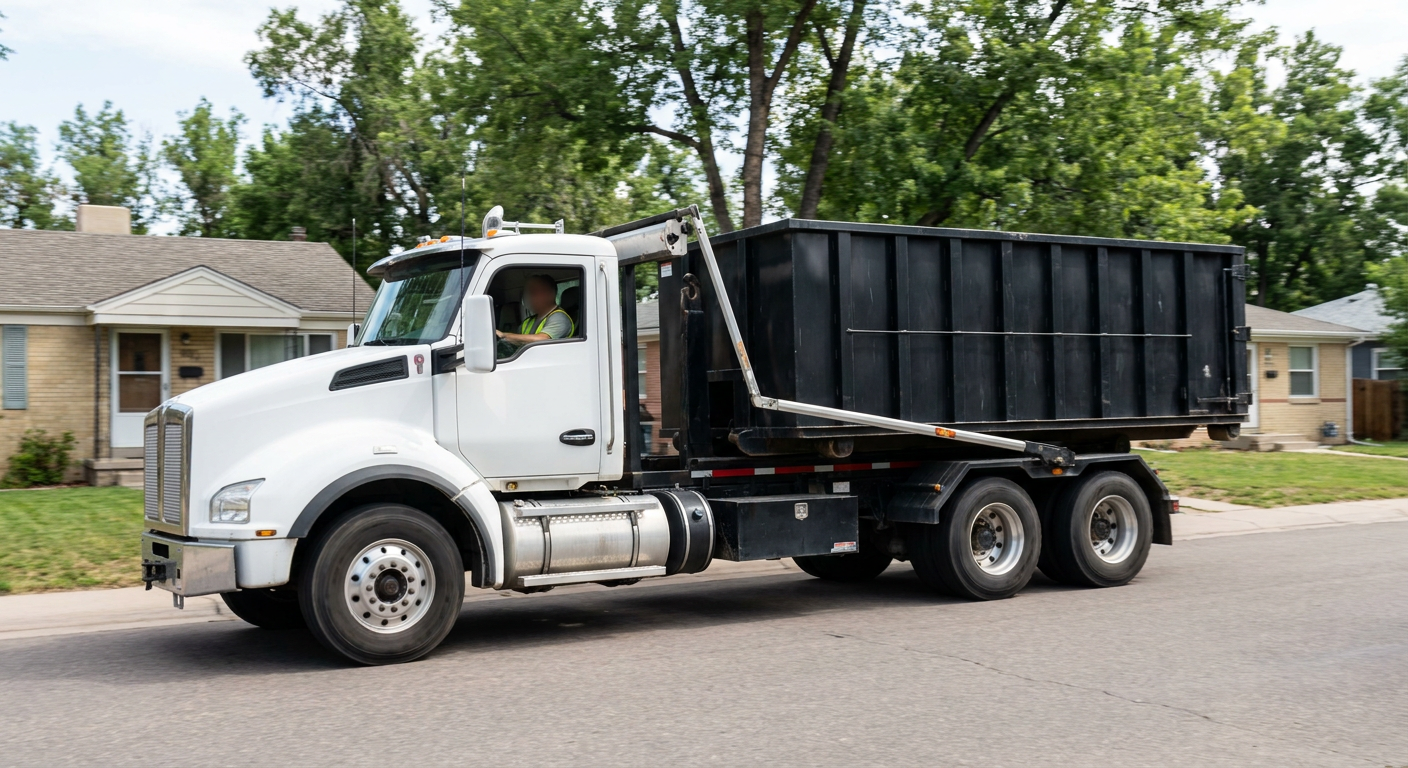 A wide documentary shot of a matte-black roll-off delivery truck pulling onto a quiet Magnolia residential street at mid-morning, with neighborhood rooftops and tree-lined blocks visible behind, showing the metro coverage footprint.