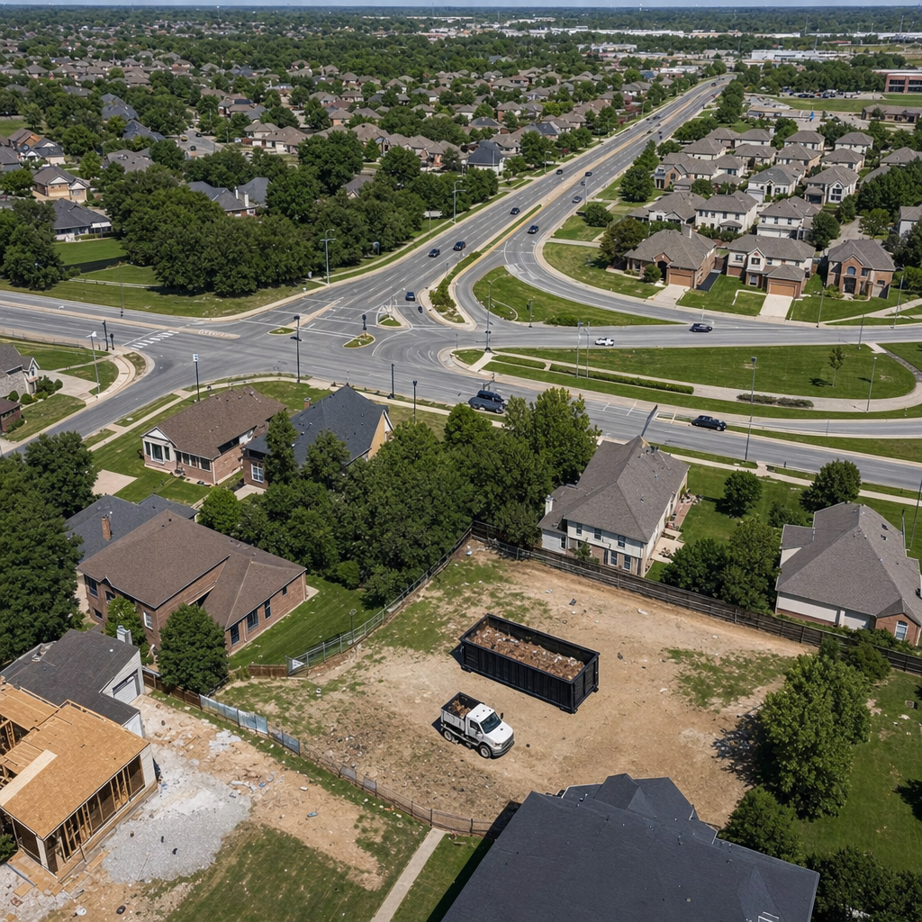 An overhead documentary view of the Magnolia metro area at midday, showing the spread of neighborhoods, arterial roads, and the dispatch radius from a central yard — clean daylight, organized geographic layout.