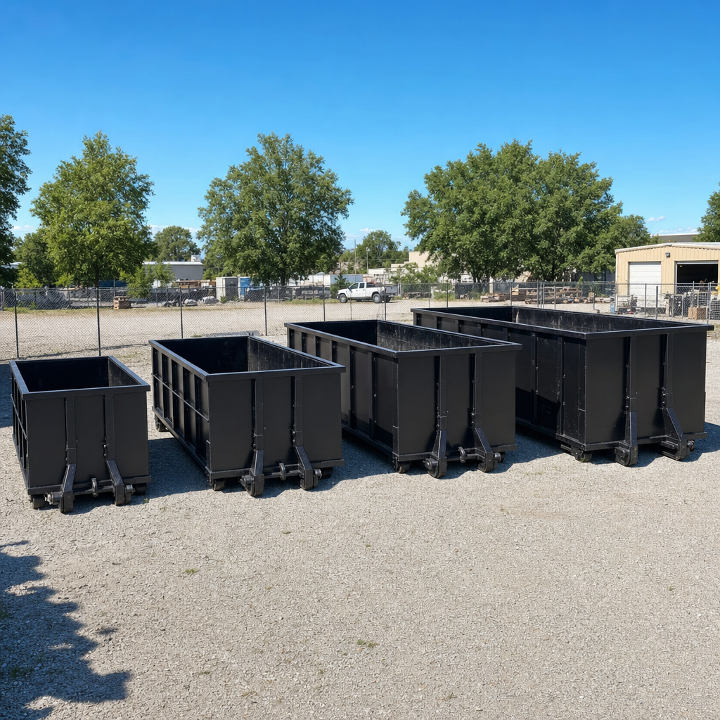 A clean lineup of matte-black roll-off dumpsters in 10, 20, 30, and 40-yard sizes staged on a sunlit gravel yard in Magnolia, showing the size progression from compact to commercial-scale containers.