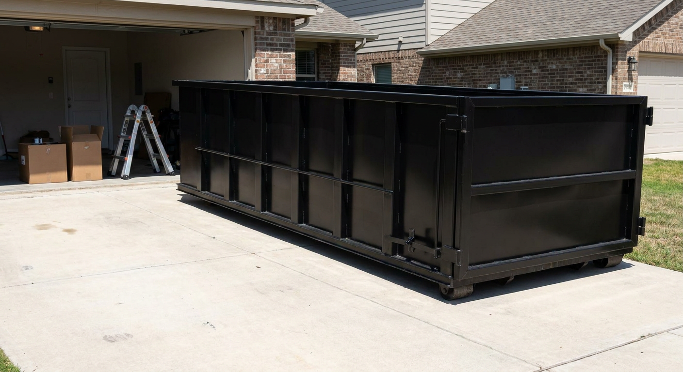 A matte-black 10-yard roll-off dumpster sitting directly on a residential Magnolia concrete driveway, mid-day sunlight, clean and ready for a garage cleanout.