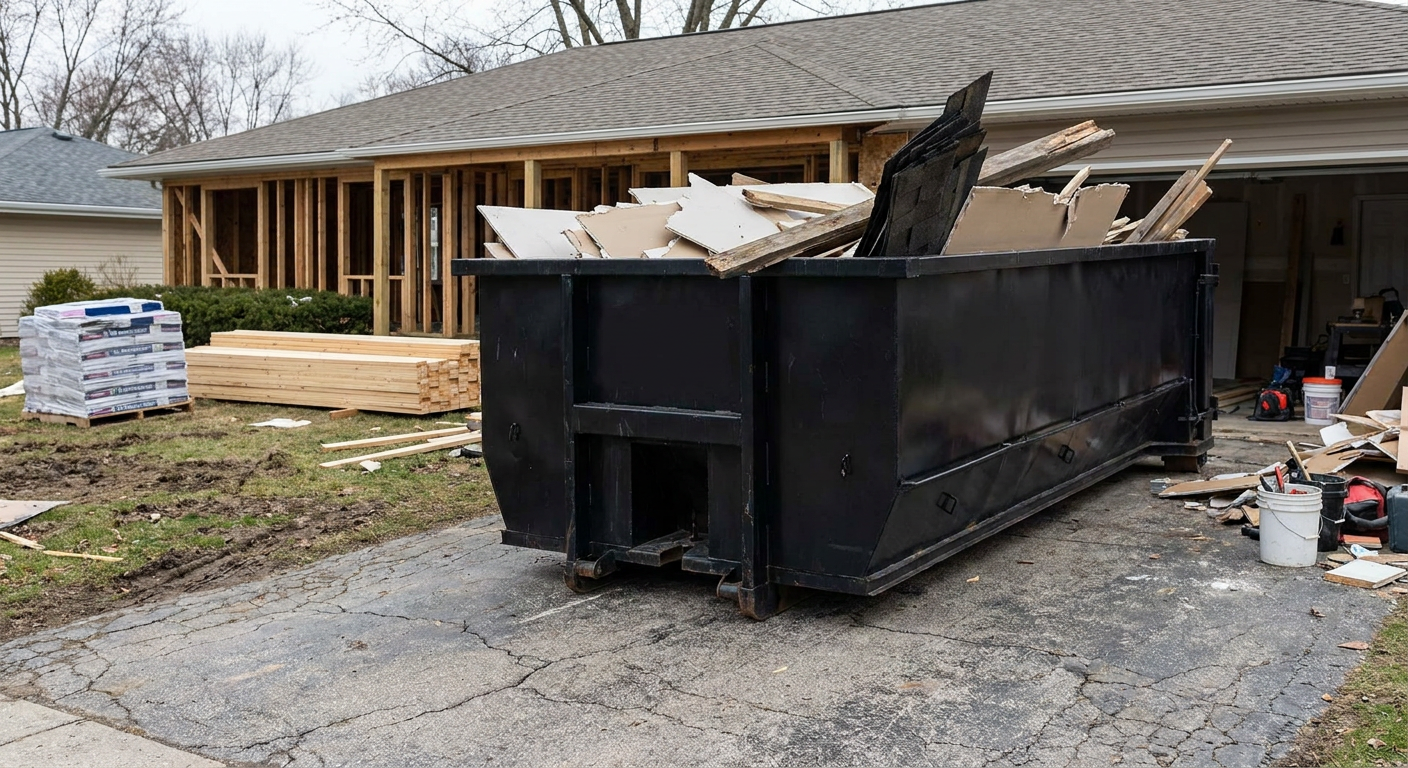 A matte-black 20-yard roll-off dumpster placed alongside a mid-renovation Magnolia home directly on the asphalt driveway, with framing materials and torn-off shingles staged neatly nearby.