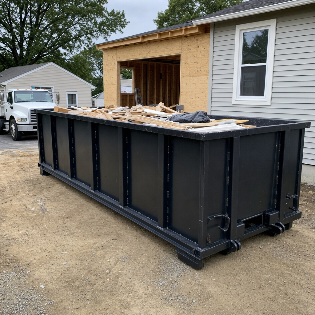A matte-black 30-yard roll-off dumpster positioned at a Magnolia residential addition jobsite, with framing lumber and drywall scraps loaded through the open swinging rear doors.