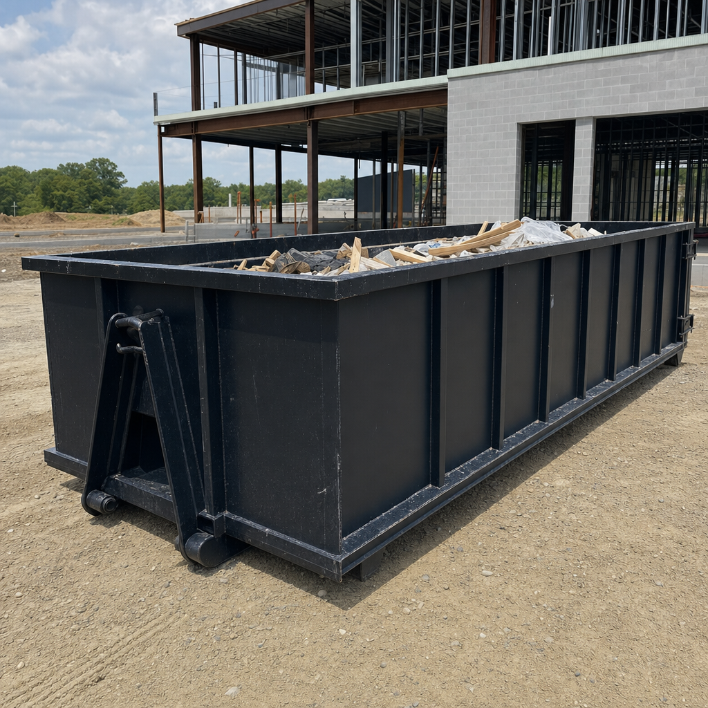 A matte-black 40-yard roll-off dumpster staged on a large Magnolia commercial construction lot, with a hooklift delivery truck parked alongside under bright midday sky.