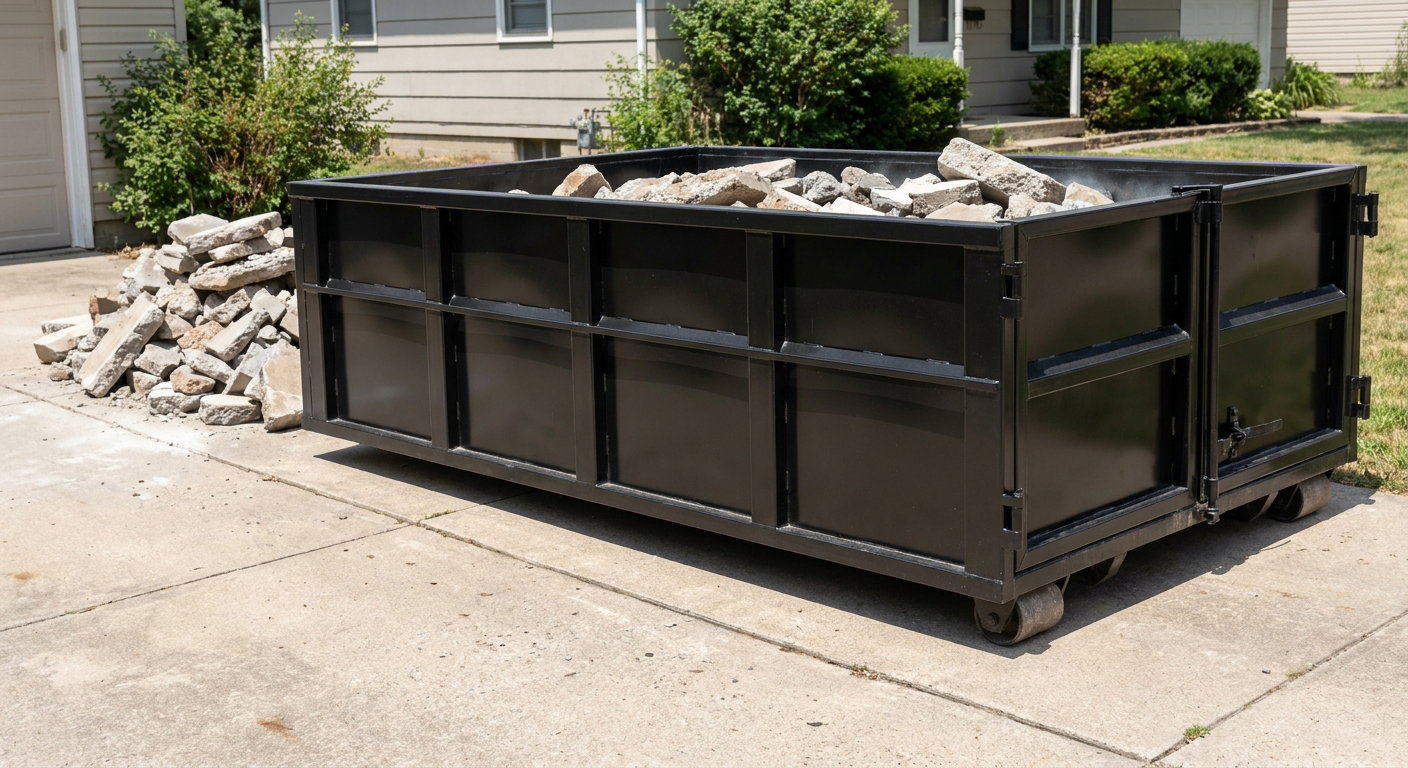 A matte-black low-side heavy-debris roll-off dumpster placed directly on a Magnolia concrete driveway, with broken concrete chunks neatly stacked beside it under clean daylight.